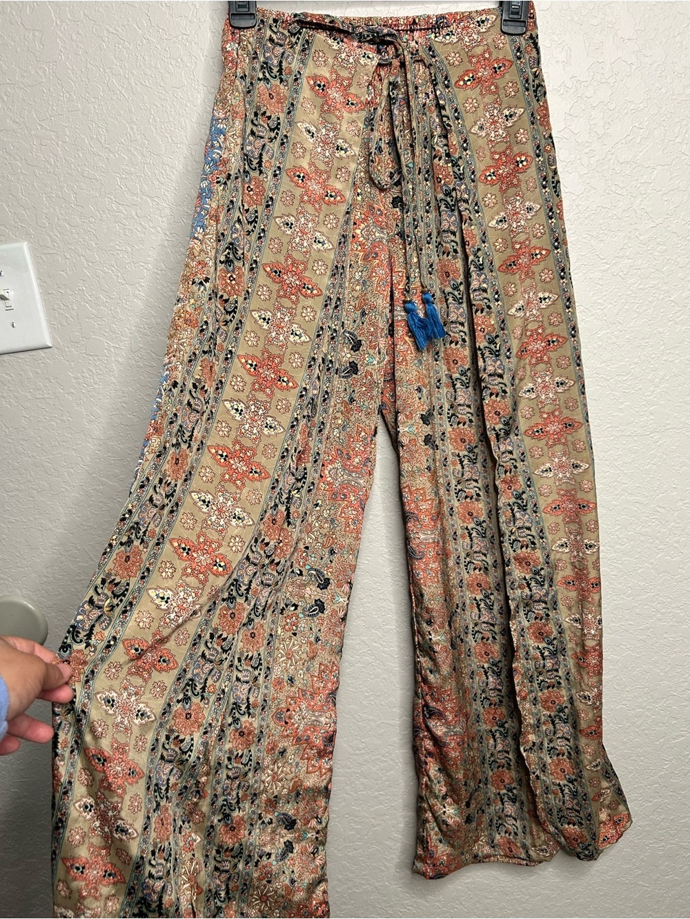Paani Boho Paisley Metallic Wide Leg Palazzo Pants Tassel Tie Waist Size S - Picture 3 of 10